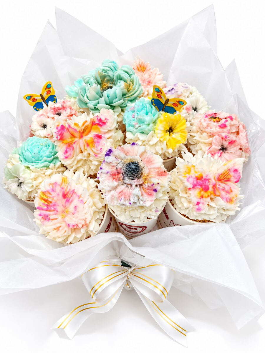 Twelve cupcake bouquet in aqua, pink and yellow buttercream florals with white and gold ribbon, Gold Coast