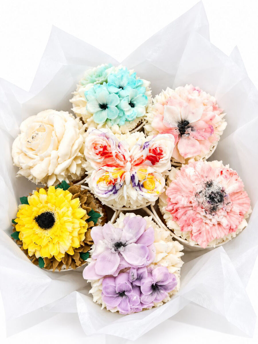 Seven floral cupcakes with sunflower, rose, hydrangea and butterfly designs, Gold Coast